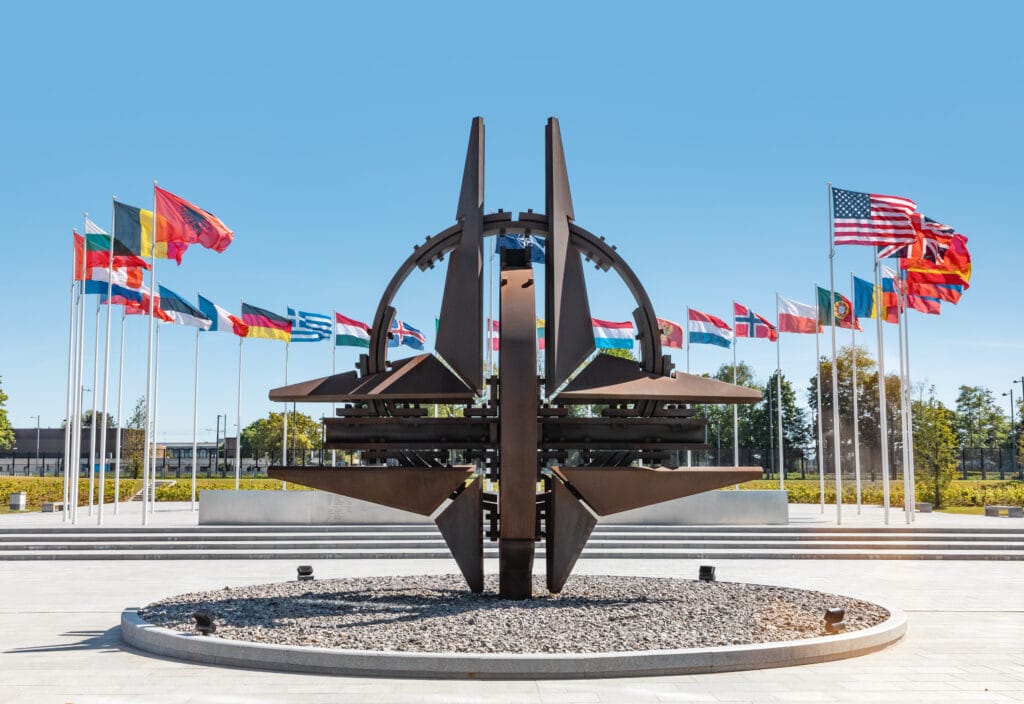 BRUSSELS, BELGIUM - May 13, 2019: Nato star sculpture in Brussels. NATO Headquarters - Political and Administrative Center for the North Atlantic Alliance